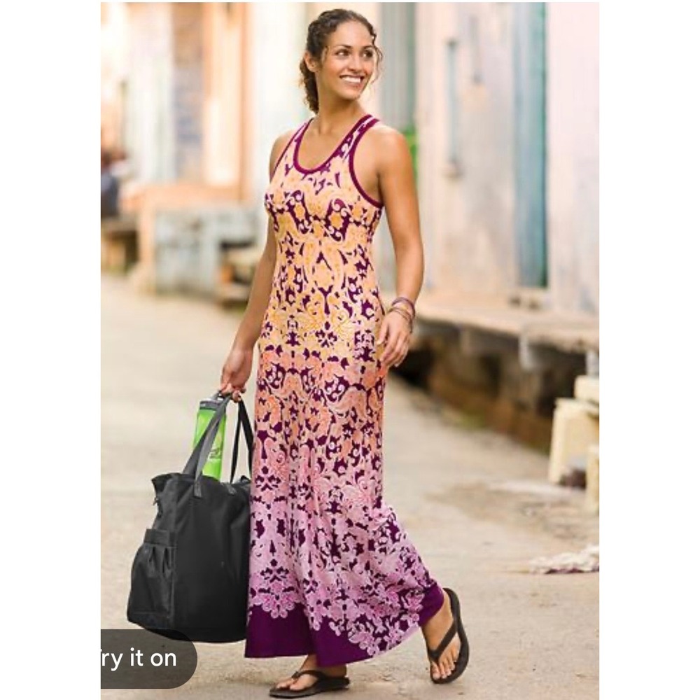 Athleta XXS Purple Orange Paisley Ombre Racerback Maxi Dress with Pockets